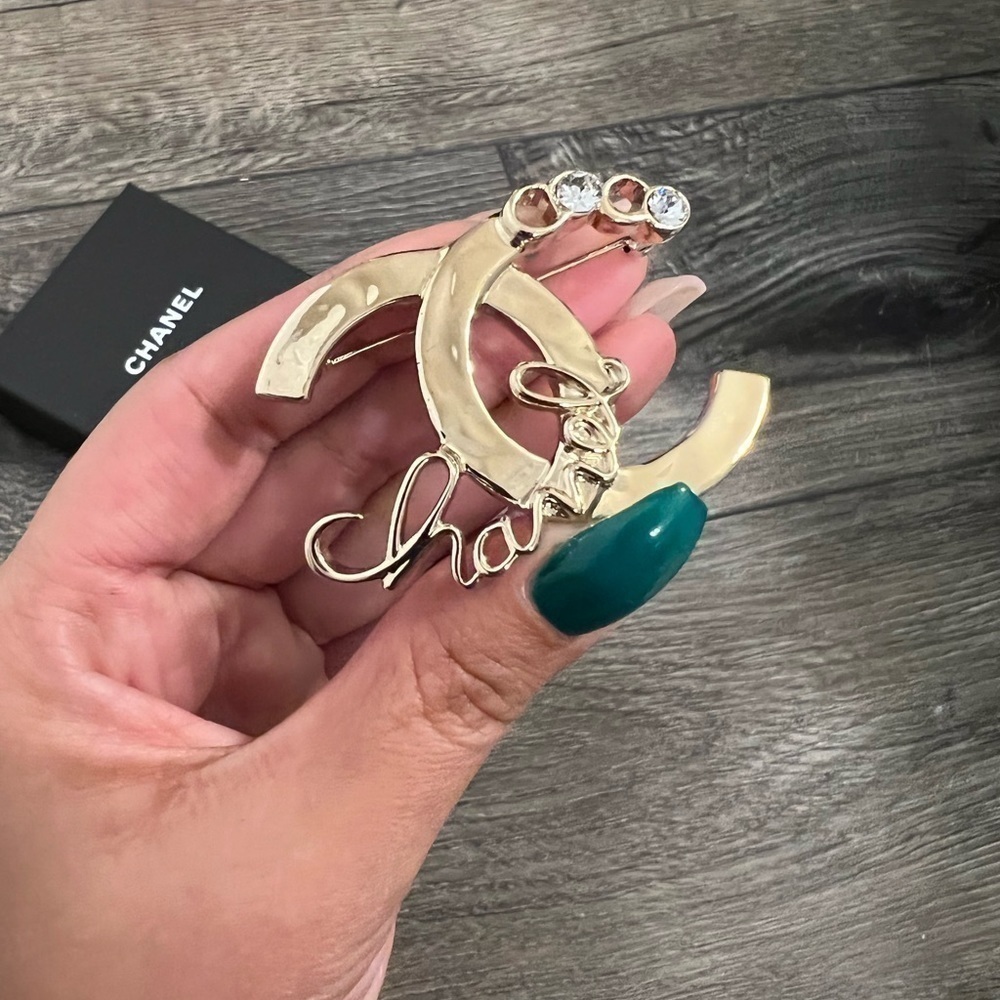 Chanel Crystal Coco Script Brooch Light Gold - Au… - image 6